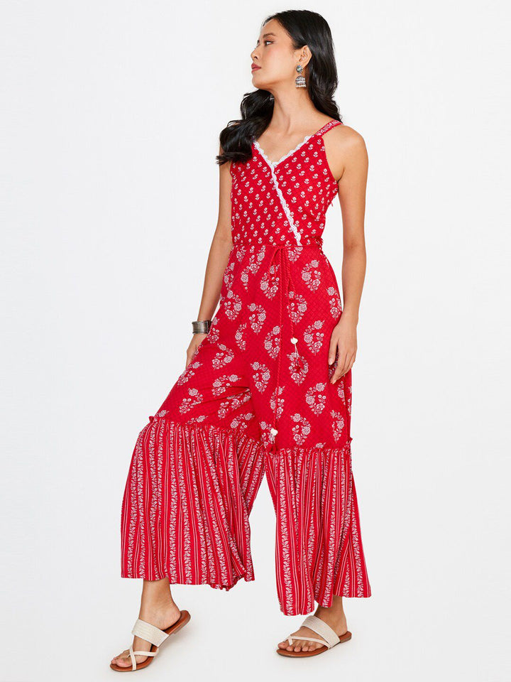 Global Desi Women Printed V-Neck Sleeveless Basic Jumpsuit