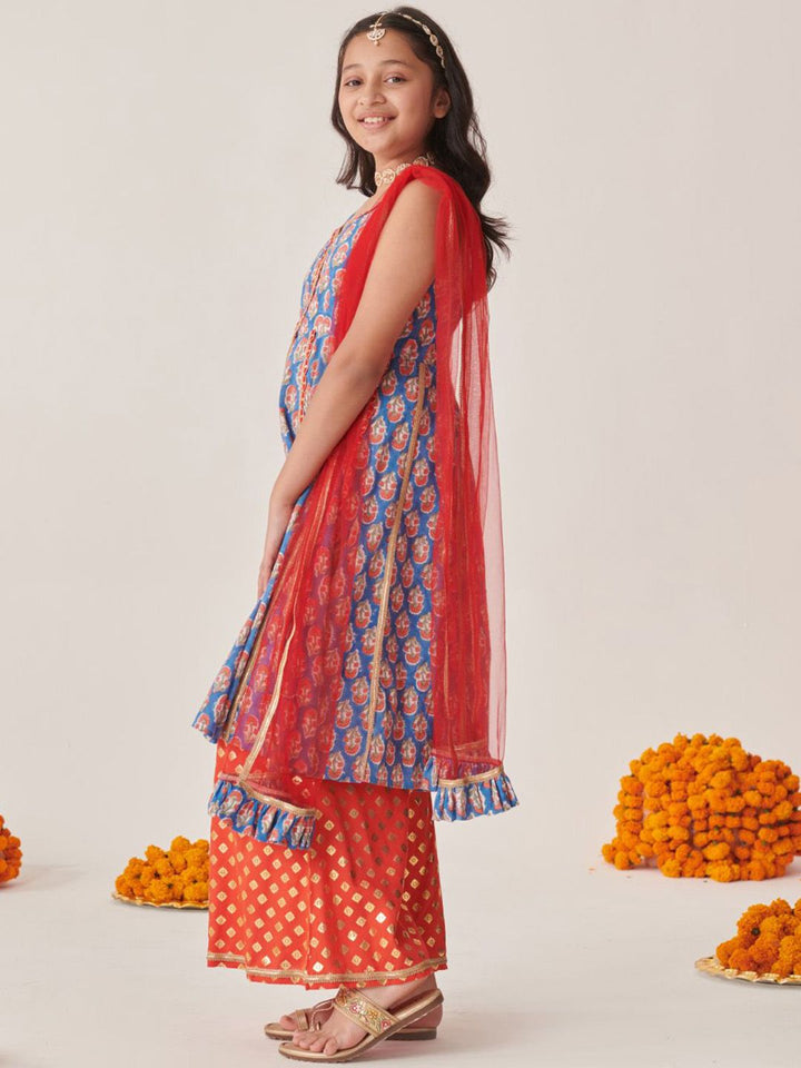 pspeaches Girls Floral Printed Empire Gotta Patti Kurta with Palazzos & With Dupatta