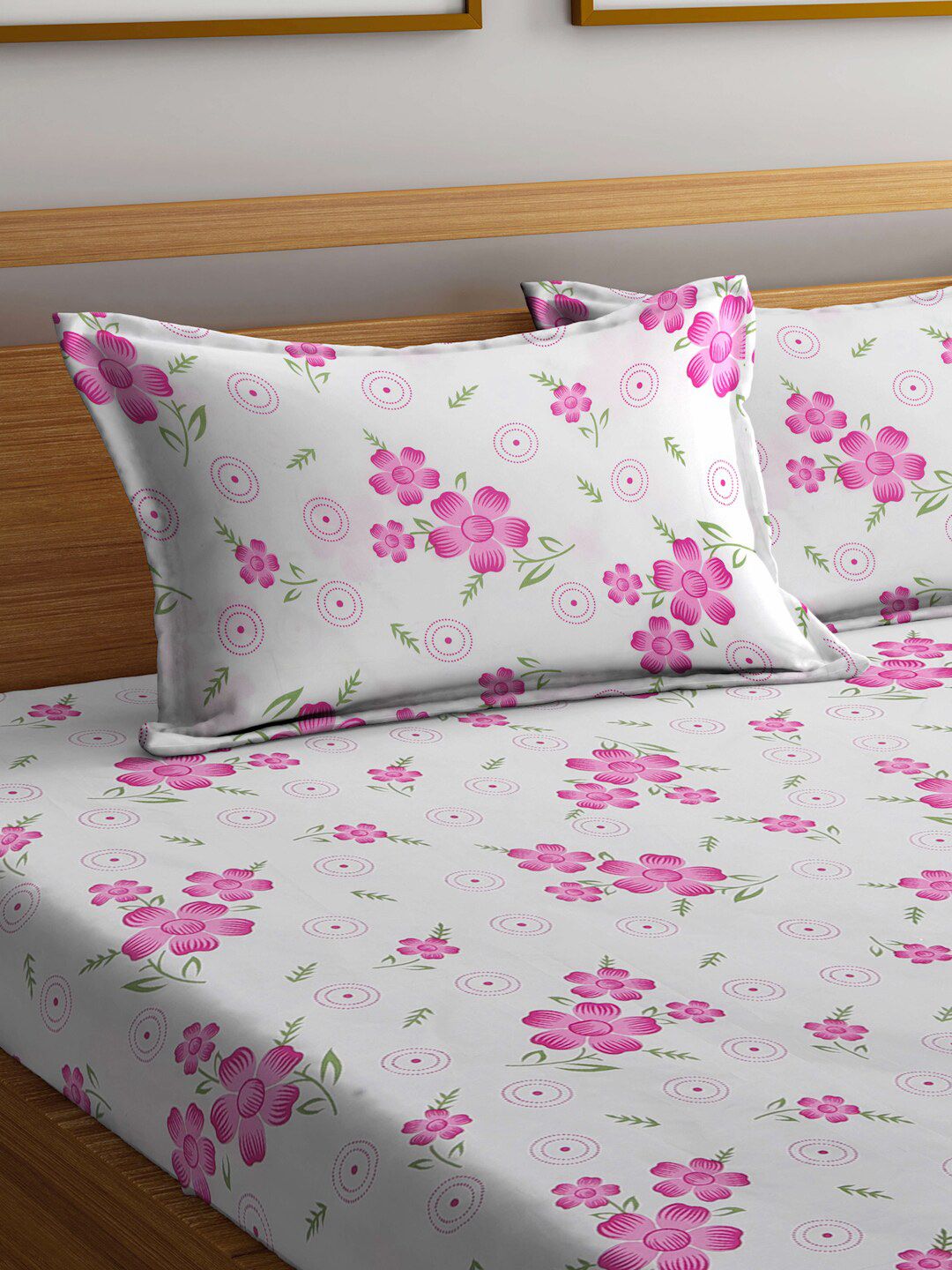 KLOTTHE White & Pink Floral Printed 300TC Double King Cadar Dengan 2 Sarung Bantal