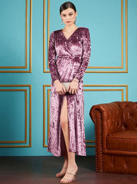 SASSAFRAS Pink V-Neck Velvet A-Line Midi Dress