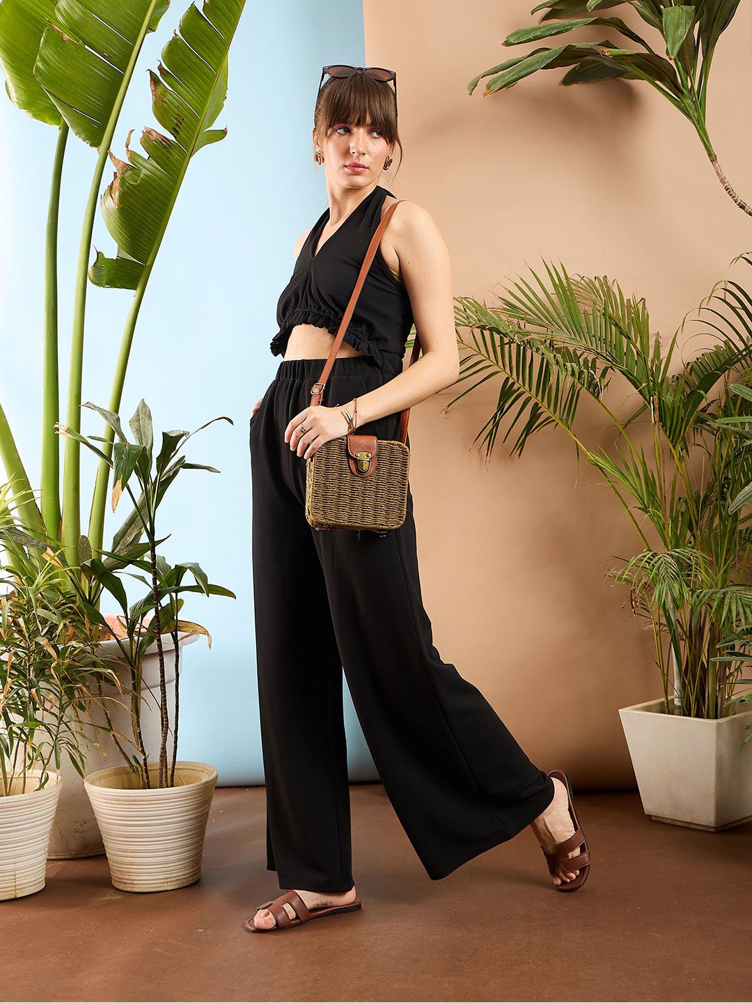 SASSAFRAS Black Halter Neck Basic Jumpsuit