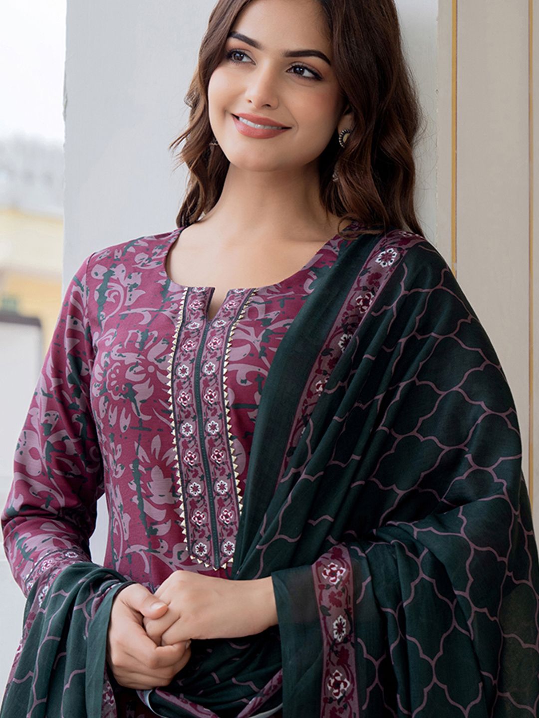 KALINI Floral Printed Notch Neck Straight Kurta With Trousers & Dupatta