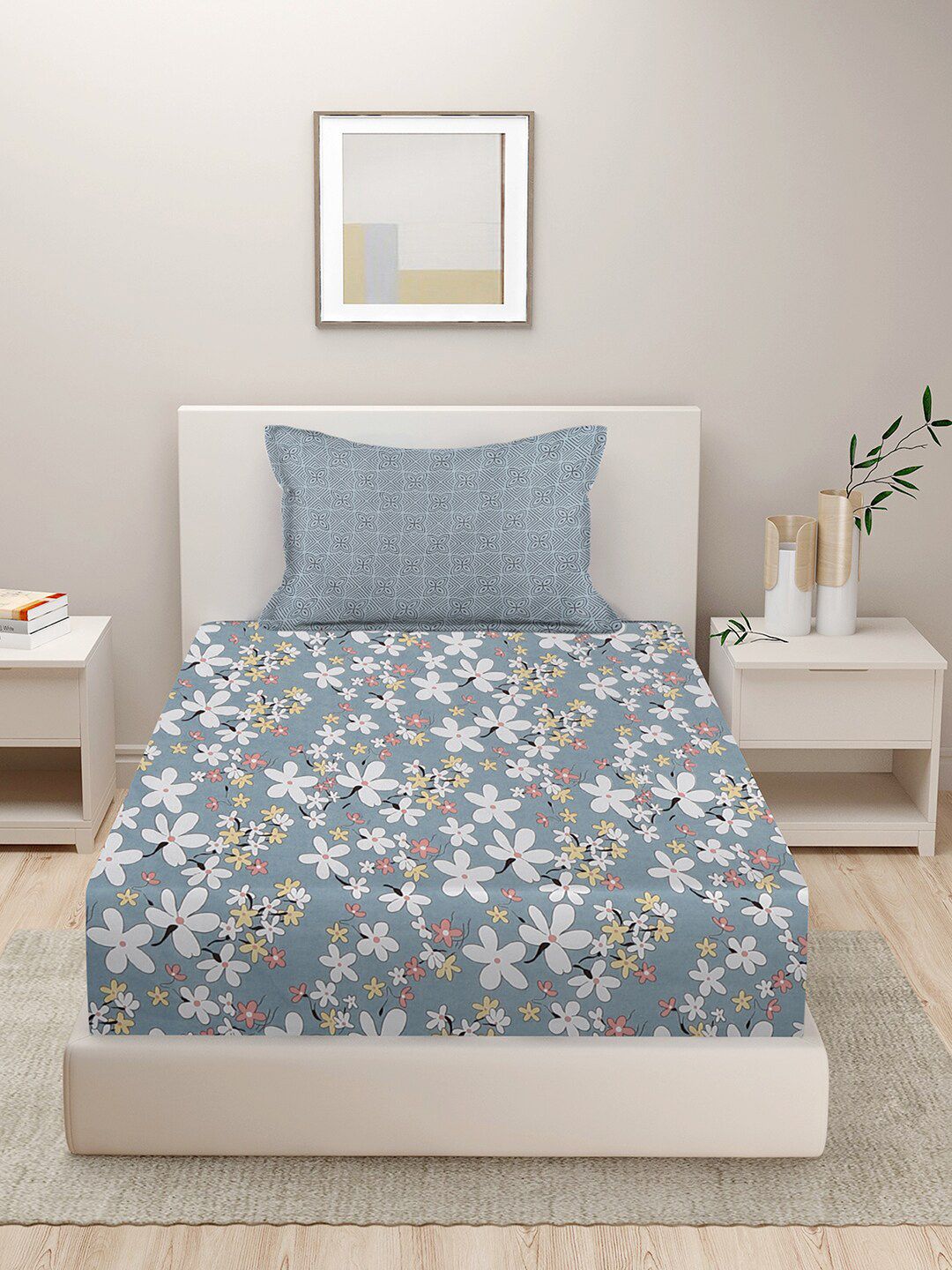 HOSTA HOMES Grey & White Floral 210 TC Cotton Flat Single Bedsheet With 1 Pillow Cover