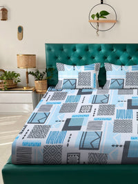 KLOTTHE Book Lipat Biru Geometrik Bercetak Kapas Tulen Double King Cadar & Sarung Bantal