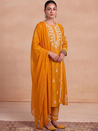 House of Chikankari Women Ethnic Motifs Embroidered Regular Thread Work Chanderi Silk Kurta with Trousers &