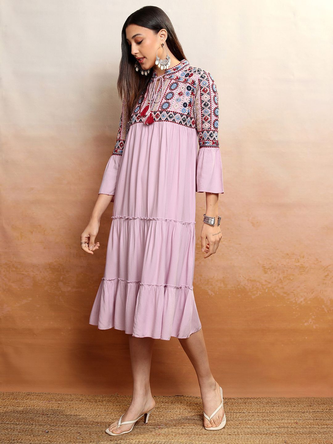 Vishudh Lavender Tie-Up Neck Embroidered Tiered Velvet Empire Midi Dress