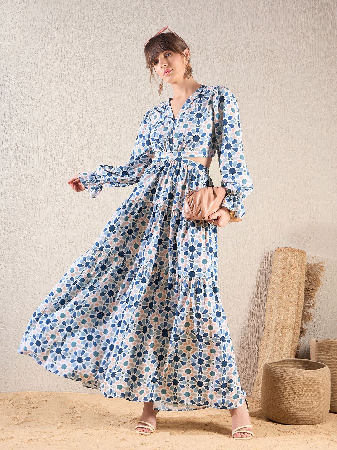 SASSAFRAS Teal Blue Floral Printed V Neck Cut Out Tiered Maxi Dress