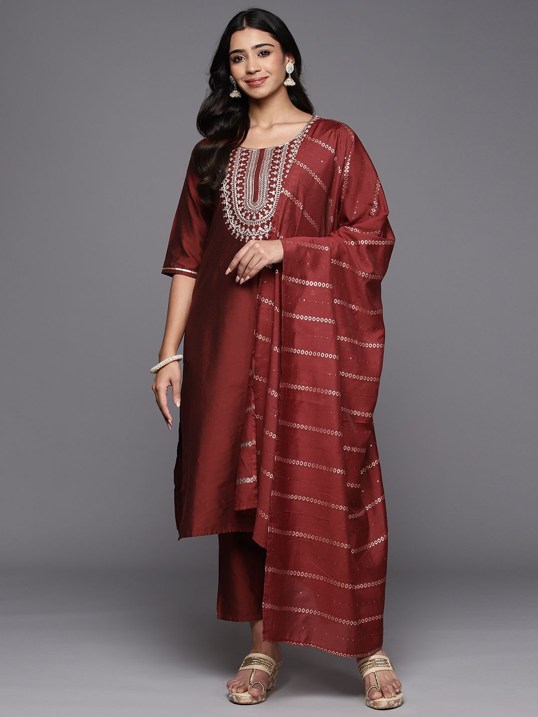Gerua By Libas Women Floral Yoke Design Regular Sequinned Kurta with Trousers  With Dupatta