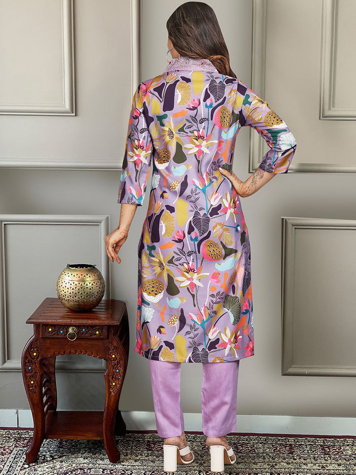 KALINI Floral Embroidered V-Neck Three-Quarter Sleeves Thread Work Kurta Set