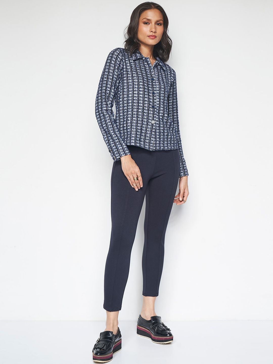 AND Self Design Spread Collar Long Sleeves Crop Tailored Jacket