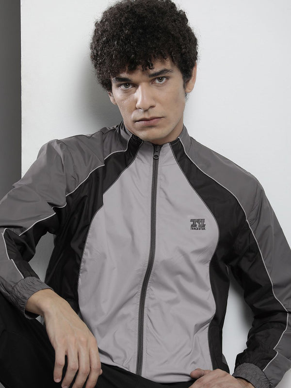 The Indian Garage Co Men Grey & Black Colourblocked Windcheater Jacket