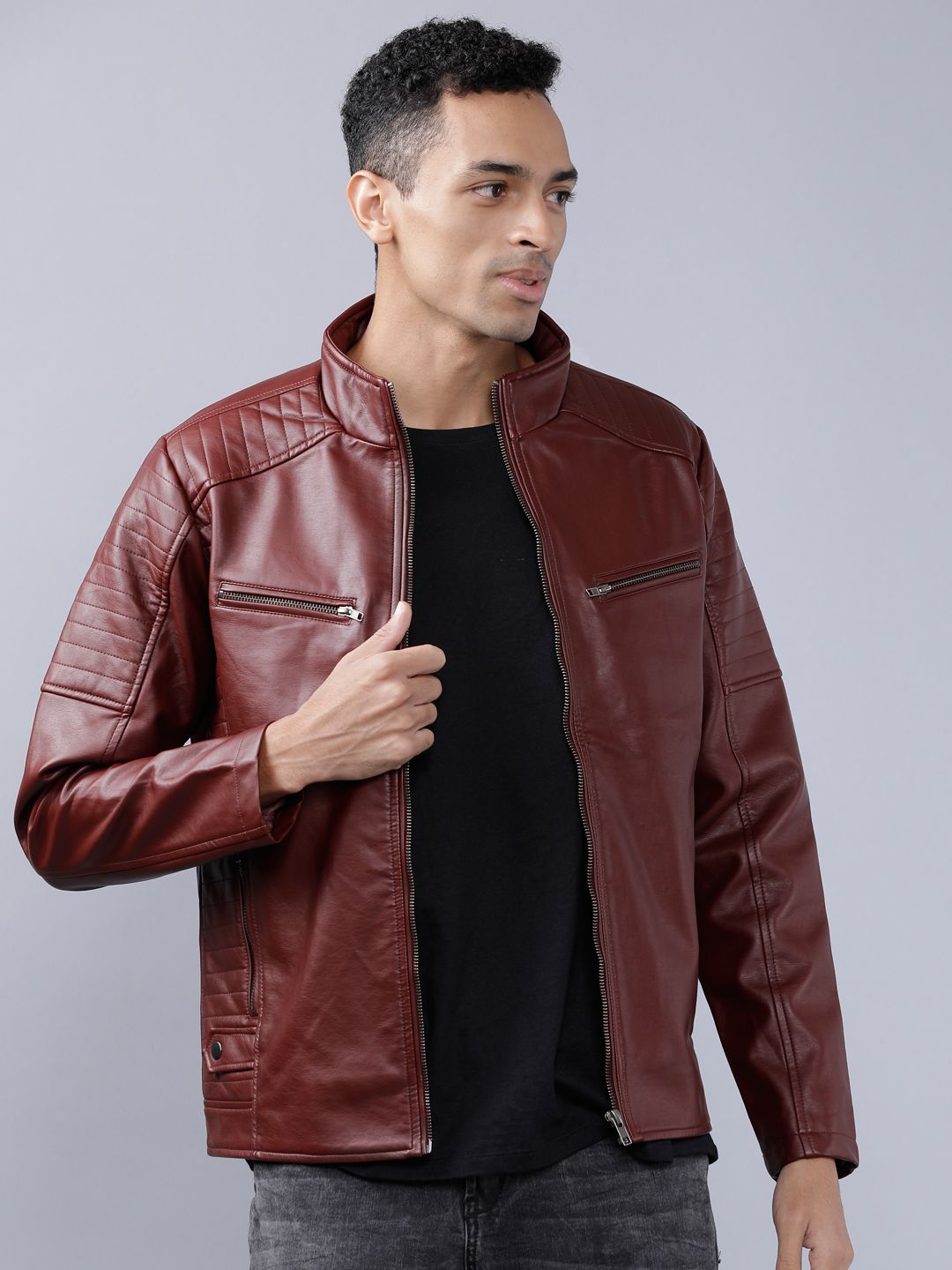 HIGHLANDER Men Burgundy Solid Leather Jacket