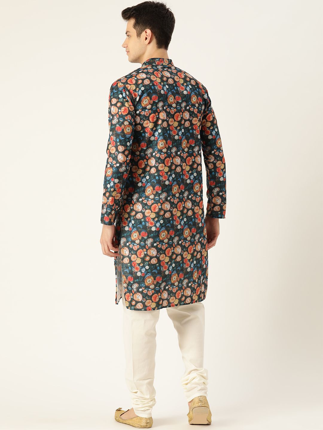 SOJANYA Men Teal Blue & Rust Orange Geometric Printed Straight Kurta