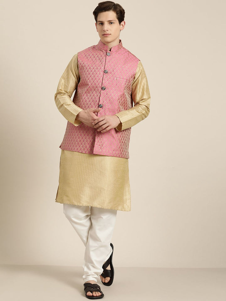 SOJANYA Men Gold Striped Thread Work Straight Kurta Churidar & Nehru Jacket