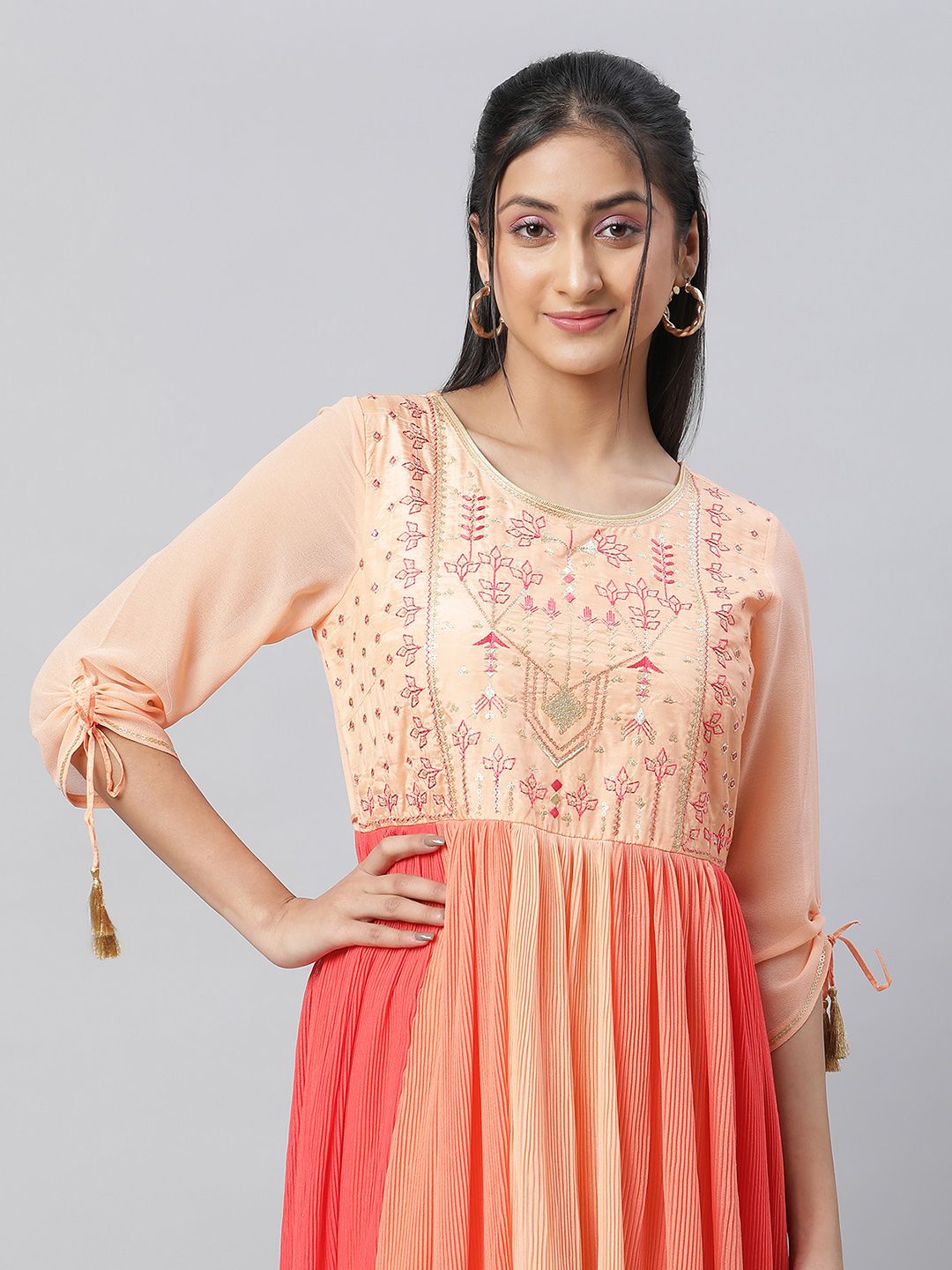 AURELIA Women Floral Embroidered Round Neck Fit and Flare Maxi Dress