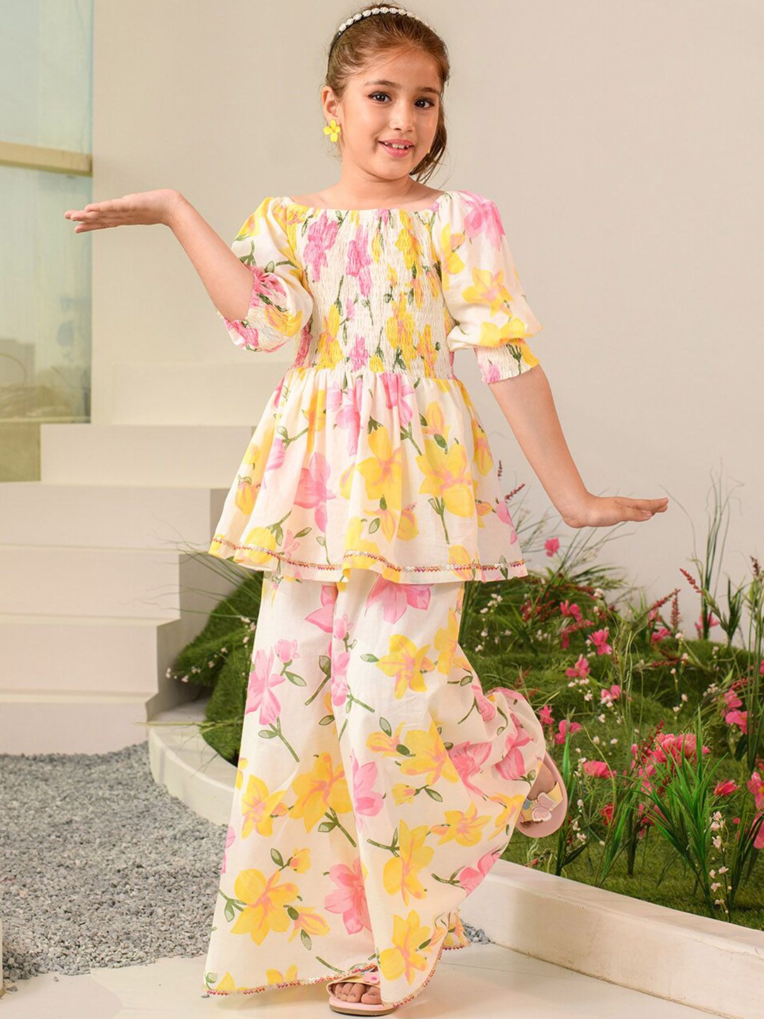 pspeaches Girls Floral Printed Regular Pure Cotton Kurta with Palazzos
