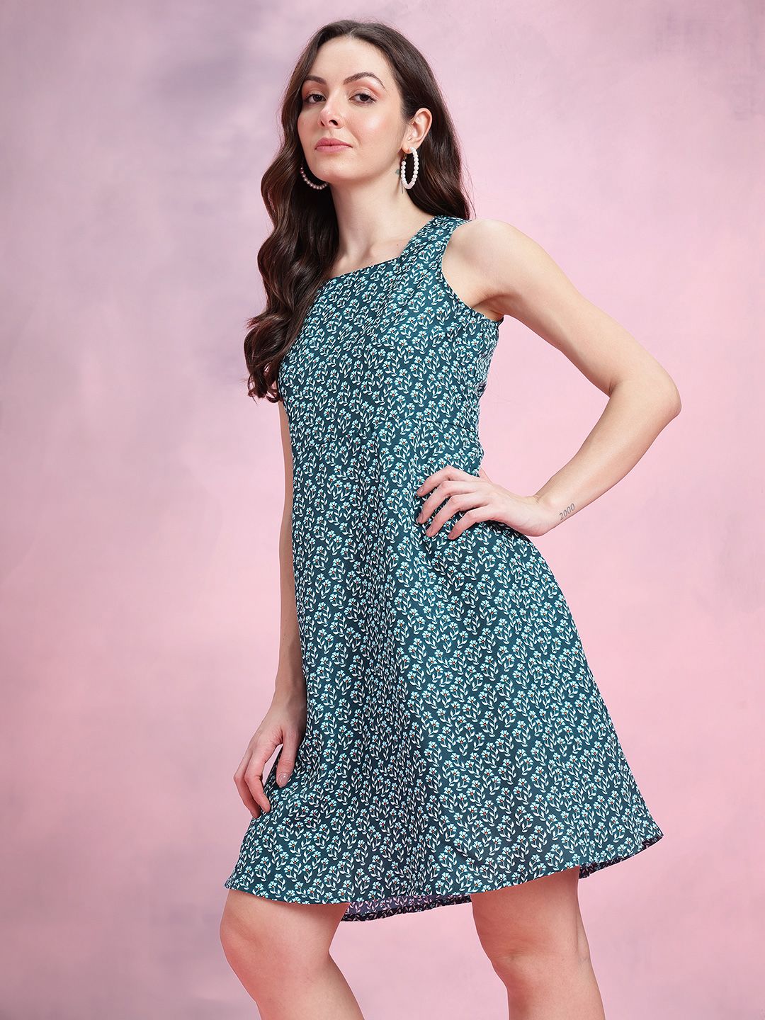 DressBerry Floral Printed Square Neck A-Line Dress