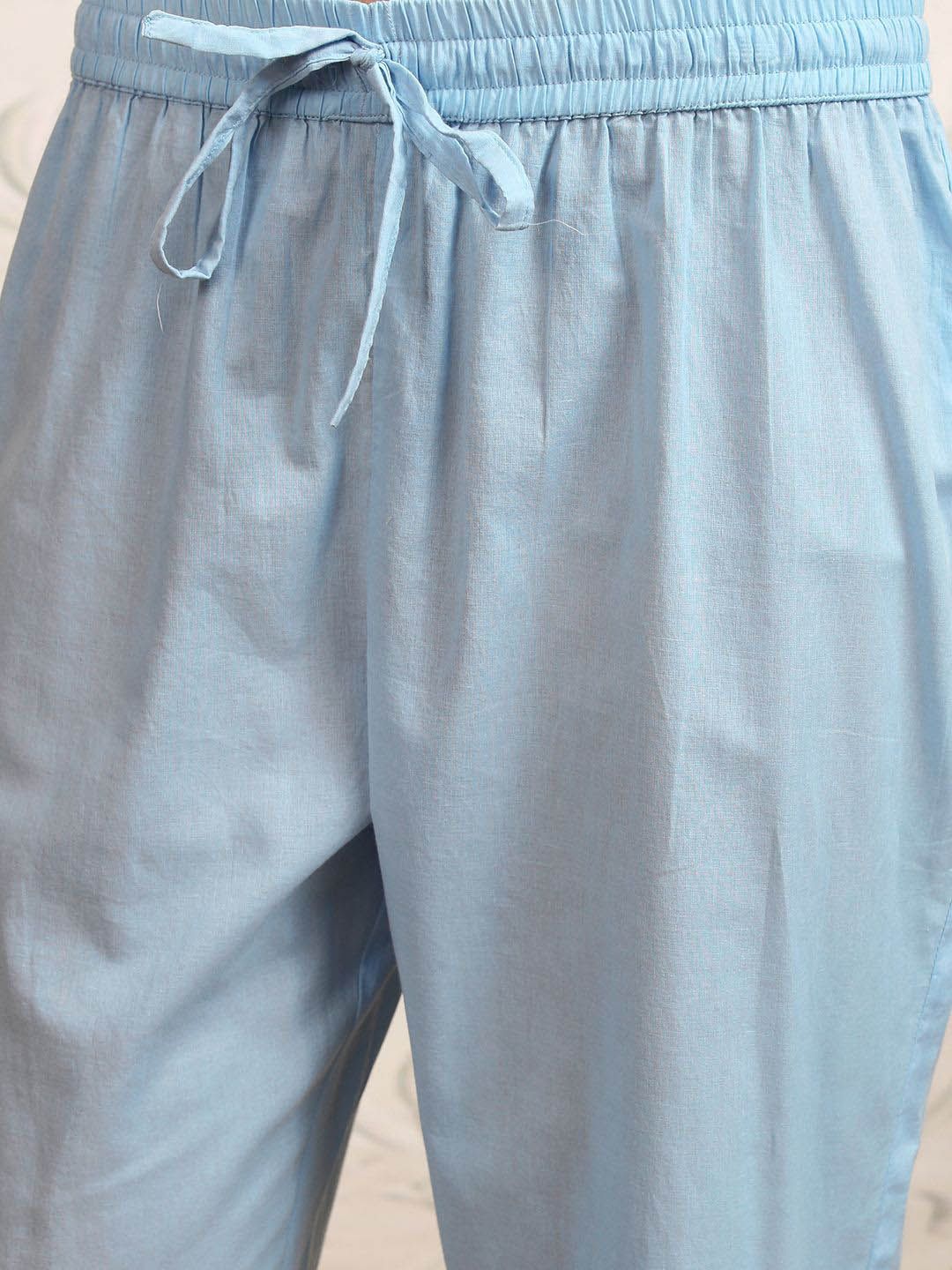 Vishudh Blue Embroidered Gotta Patti Pure Cotton Straight Kurta With Trousers & Dupatta