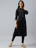 W Women Black Geometric Embroidered Thread Work Kurta