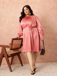 all about you Plus Size Puff Sleeve Satin Finish A-Line Party Dress with Tir-up Detail