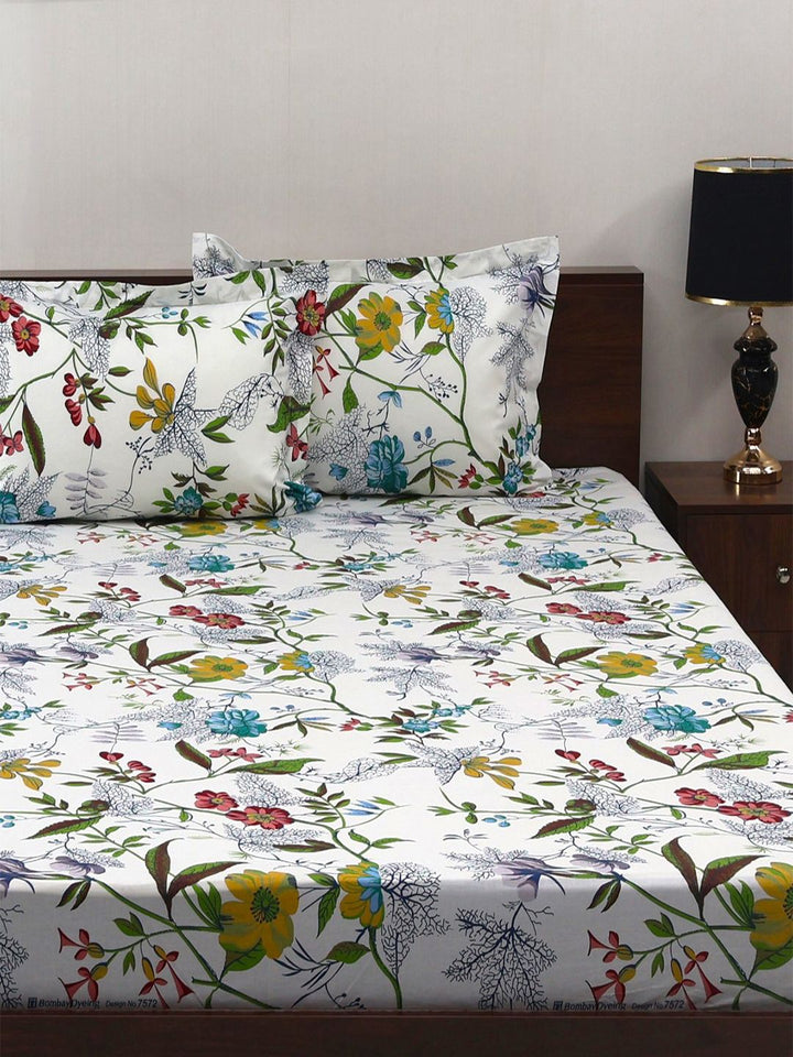BOMBAY DYEING Green & White Floral Pure Cotton 140 TC Queen Bedsheet Set 2.28 x 2.54 Mts