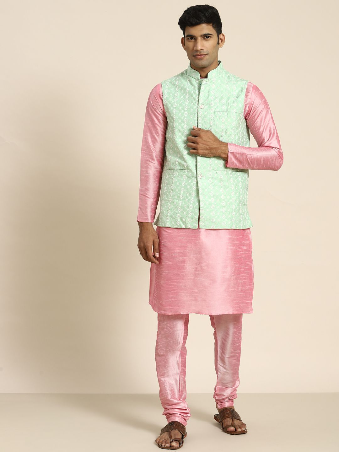 SOJANYA Lelaki Motif Etnik Merah Jambu Kurta Sulam Churidar