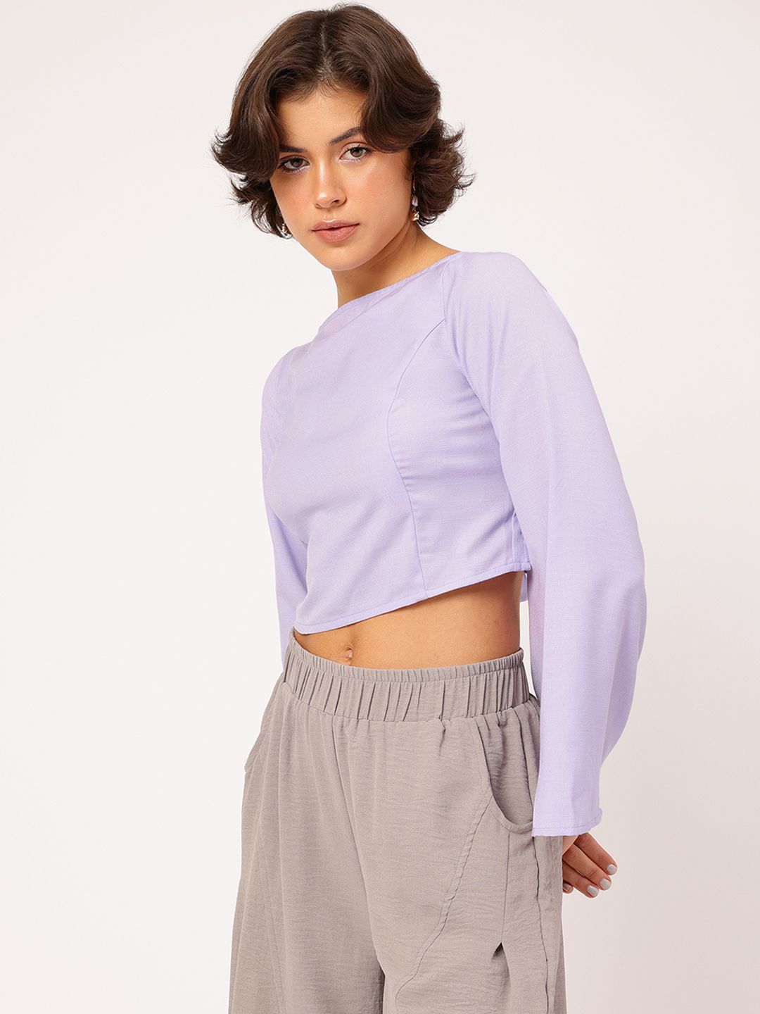 DressBerry Lavender Love Backless Flared Sleeve Crop Top