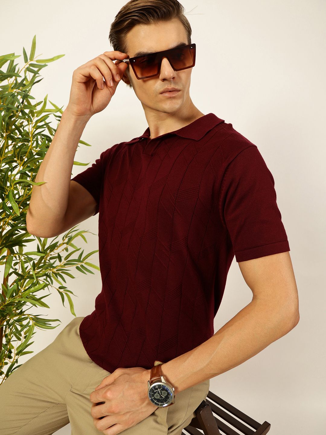 Thomas Scott Men Self Design Regular Fit Knitted Polo T-shirt