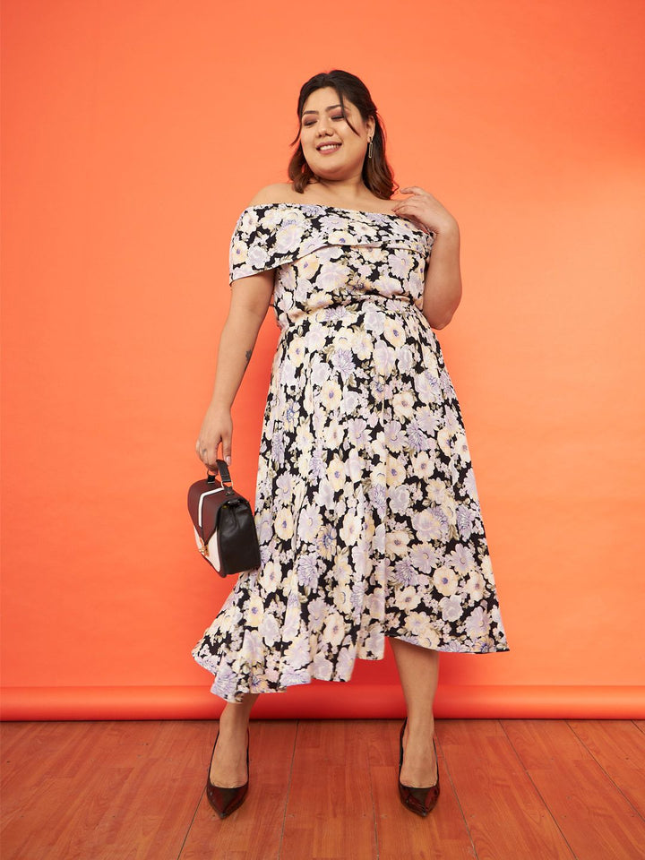 SASSAFRAS Curve Plus Size Floral Printed Off-Shoulder Midi Dress