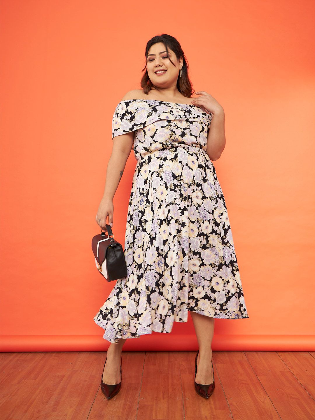 SASSAFRAS Curve Plus Size Floral Printed Off-Shoulder Midi Dress