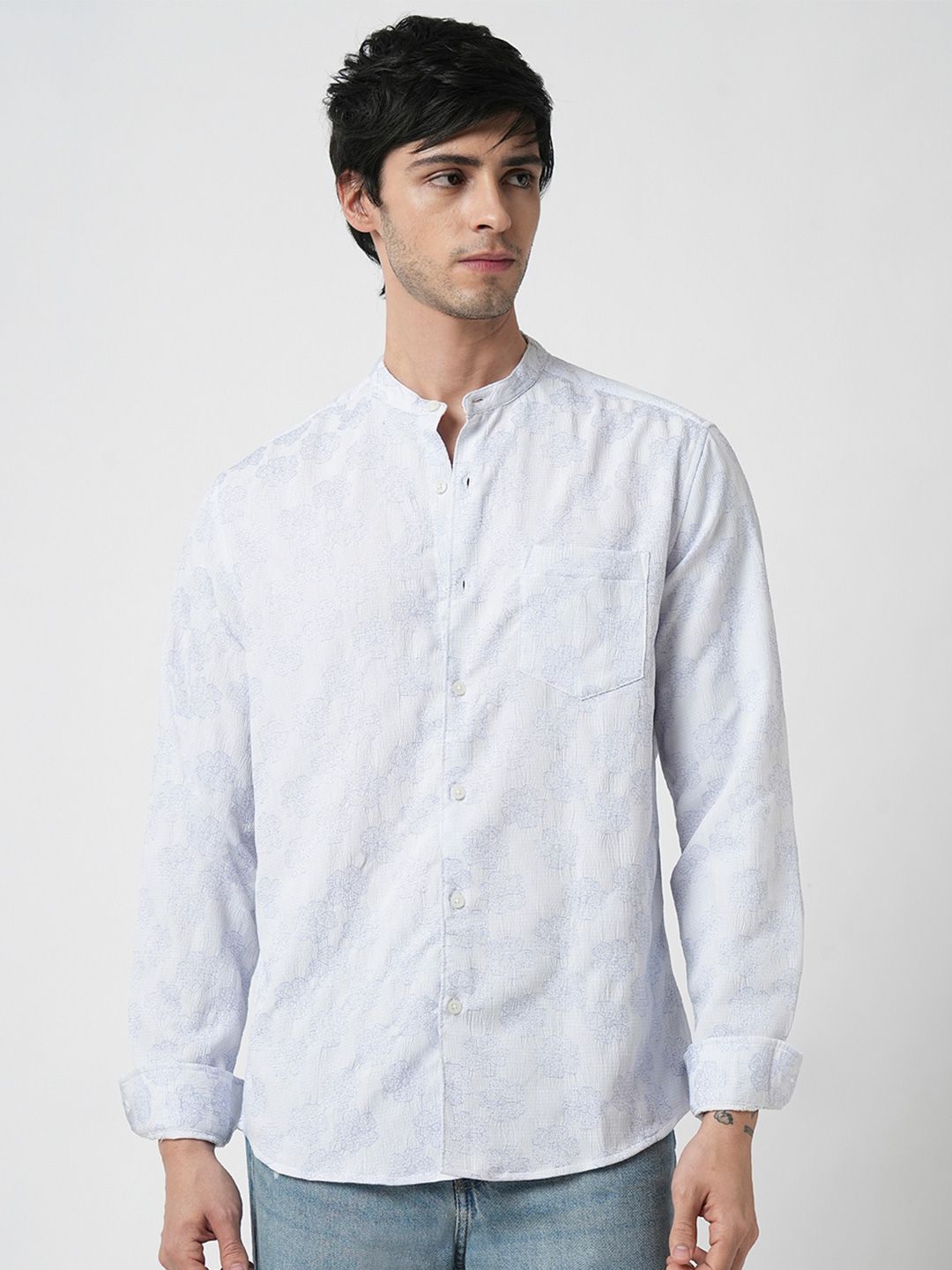 VASTRADO Men Classic Band Collar Floral Printed Slim Fit Casual Shirt