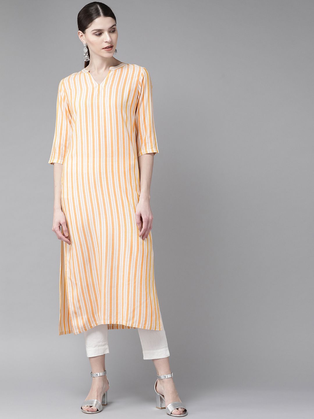 Libas Women Orange & White Striped Straight Kurta