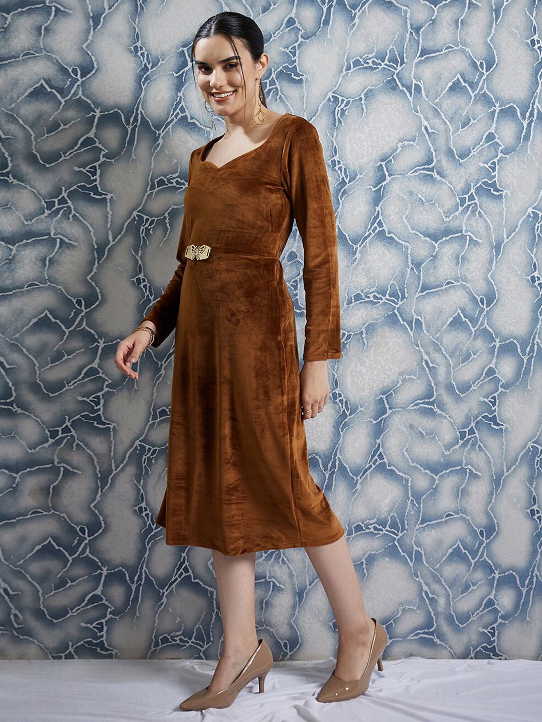 Athena Brown Sweetheart Neck Embellished Detailed A-Line Midi Dress