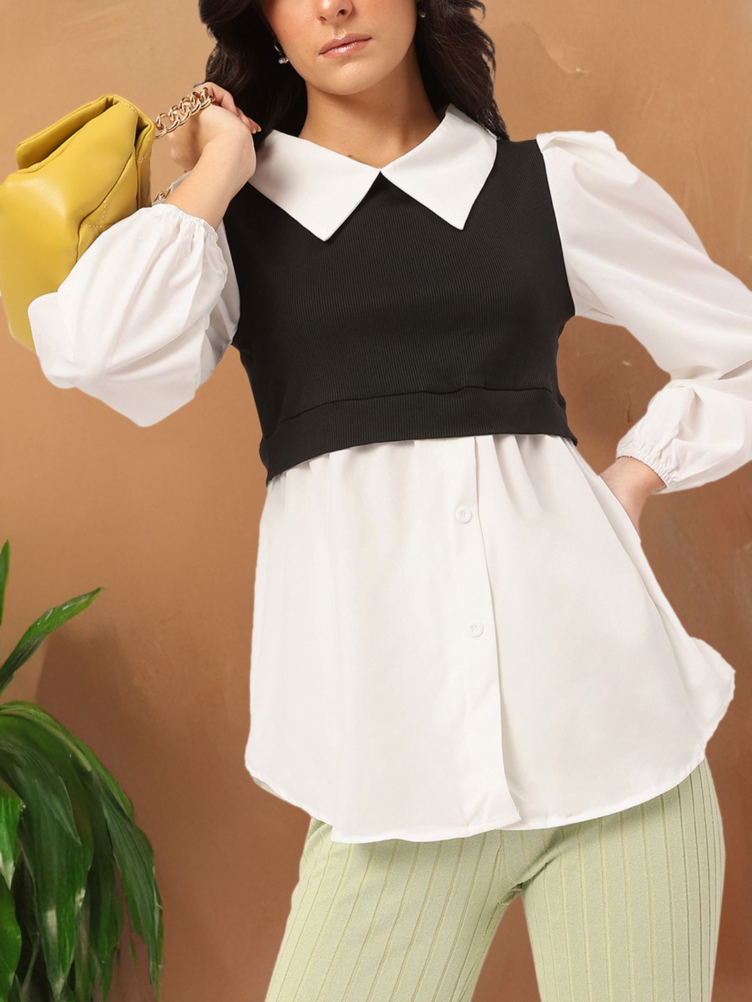DressBerry Casually Sophisticated Layered Detail Puff Sleeves Shirt-Style Longline Top