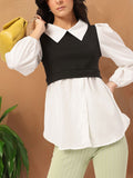DressBerry Casually Sophisticated Layered Detail Puff Sleeves Shirt-Style Longline Top