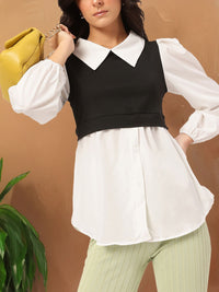 DressBerry Casually Sophisticated Layered Detail Puff Sleeves Shirt-Style Longline Top