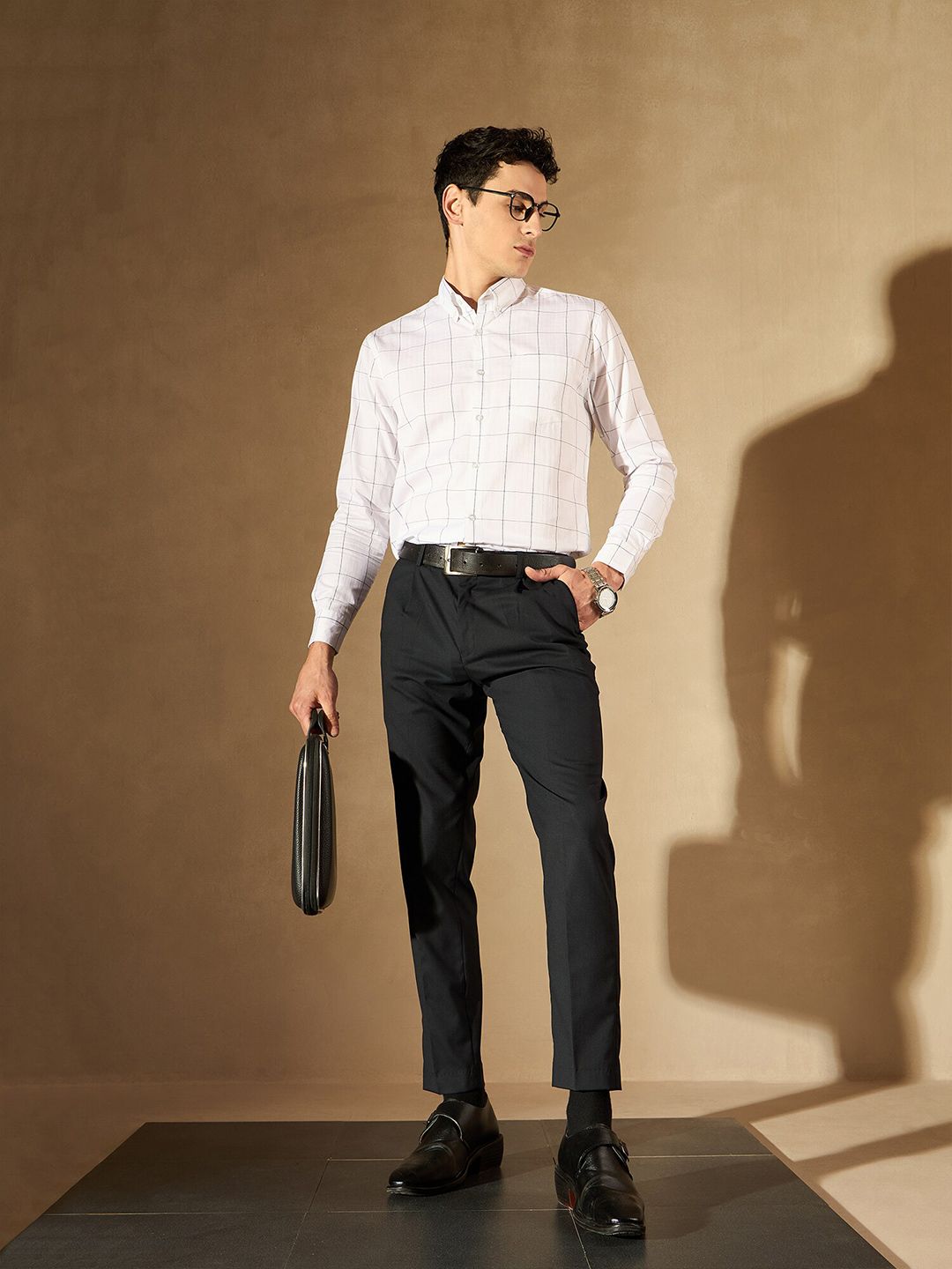 DENNISON Windowpane Checked Button-Down Collar Smart Cotton Formal Shirt