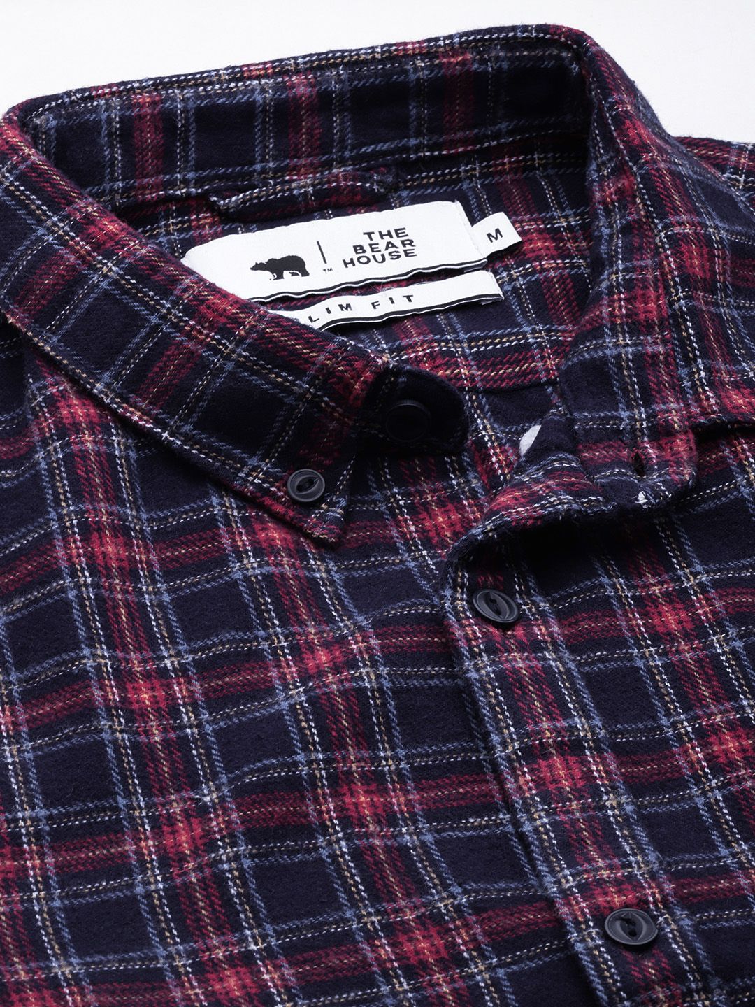 THE BEAR HOUSE Men Navy Blue & Maroon Slim Fit Checked Flannel Cotton Casual Shirt