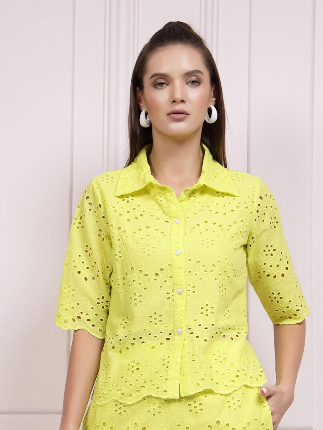Athena Geometric Printed Shiffli Cotton Shirt Style Top
