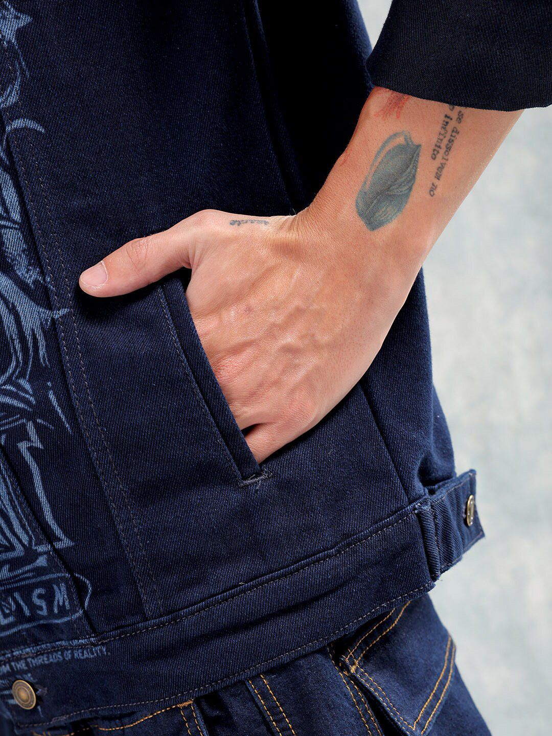 The Indian Garage Co Men Graphic Print Slim Fit Denim Jacket with Double Flap Pockets