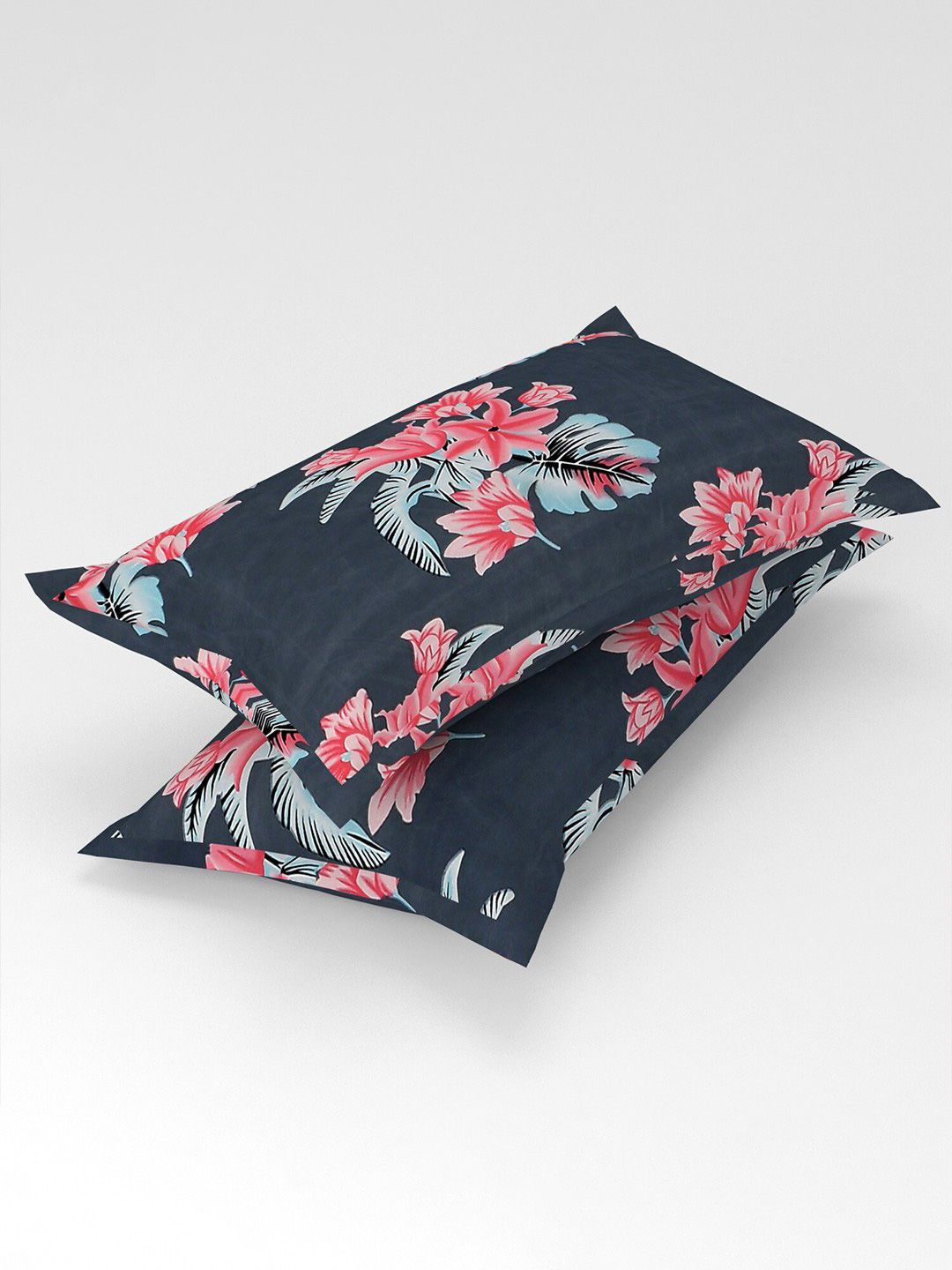 BOMBAY DYEING Grey Melange & Pink Floral 144 TC Queen Bedsheet with 2 Pillow Covers