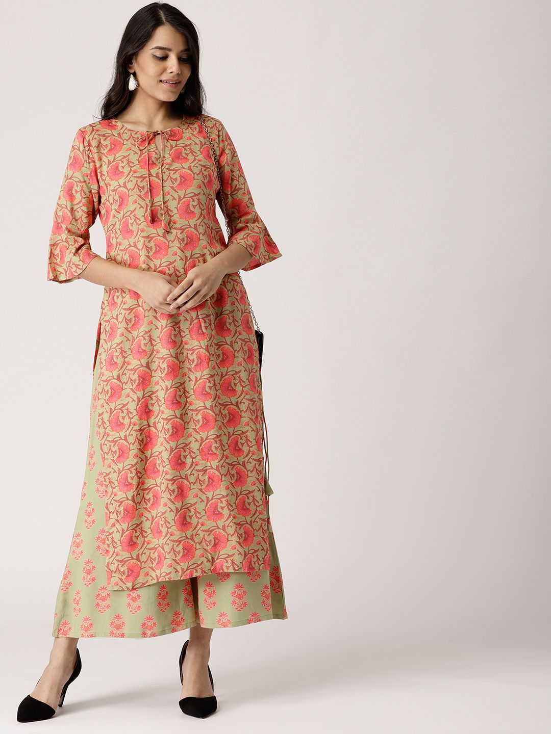 Libas Women Green & Coral Pink Printed Kurta with Palazzos