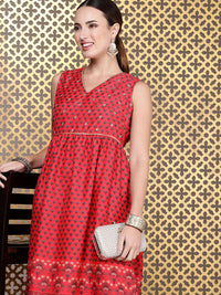 House of Pataudi Floral Printed Sequinned Detailed V-Neck A-Line Midi Jashn Dress