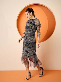 Antheaa Elit Net Printed Boat Neck Bodycon Midi Dress
