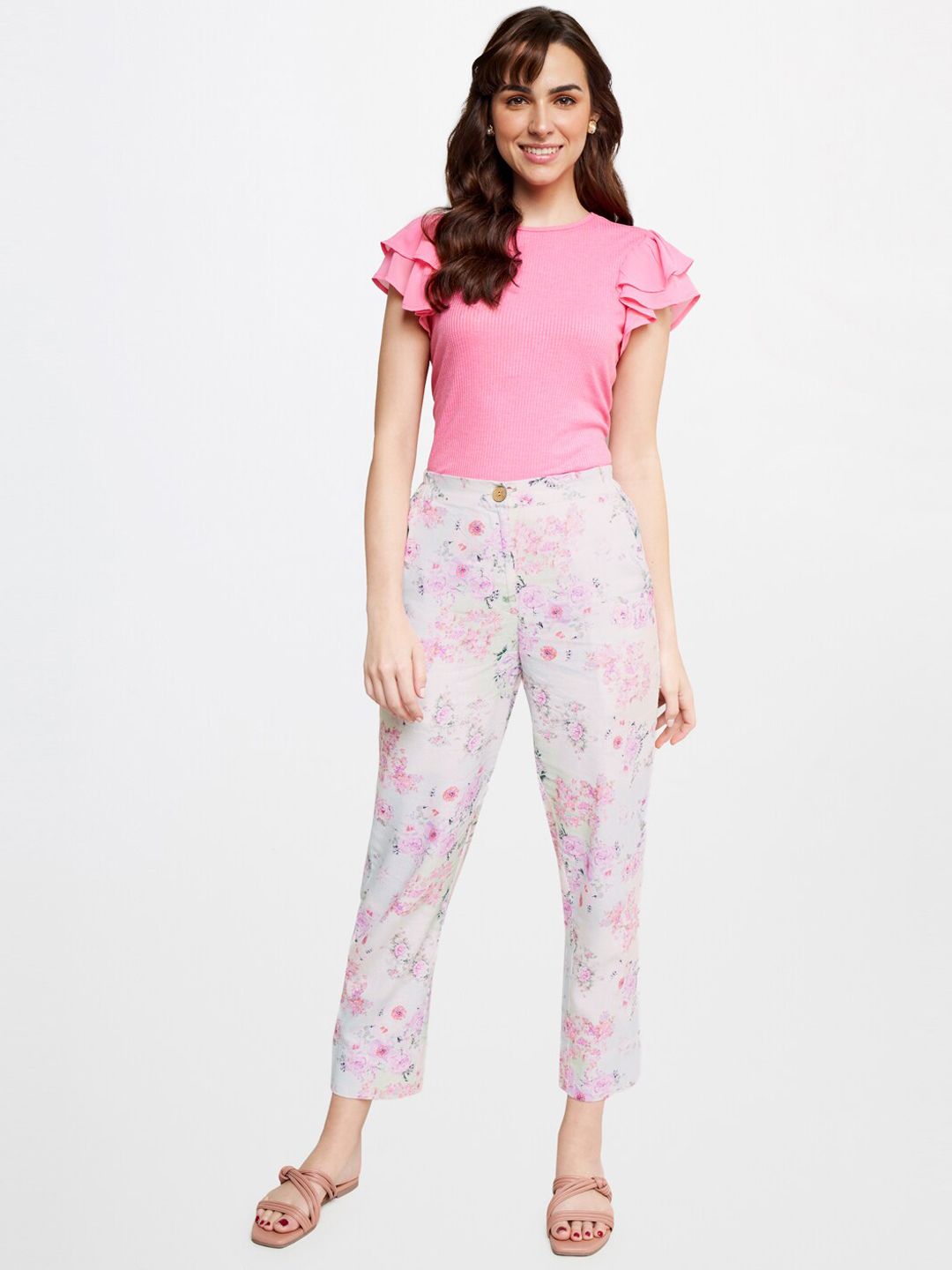AND Women Floral Printed Tapered Fit Trousers