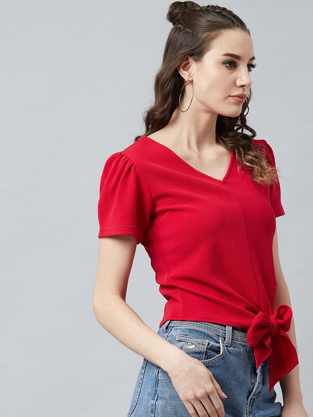 Athena Red Knotted Top With Puff Sleeves