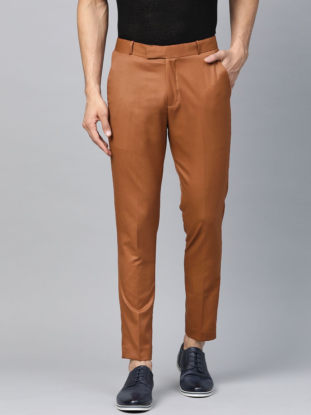 DENNISON Men Rust Red Smart Tapered Fit Solid Regular Trousers