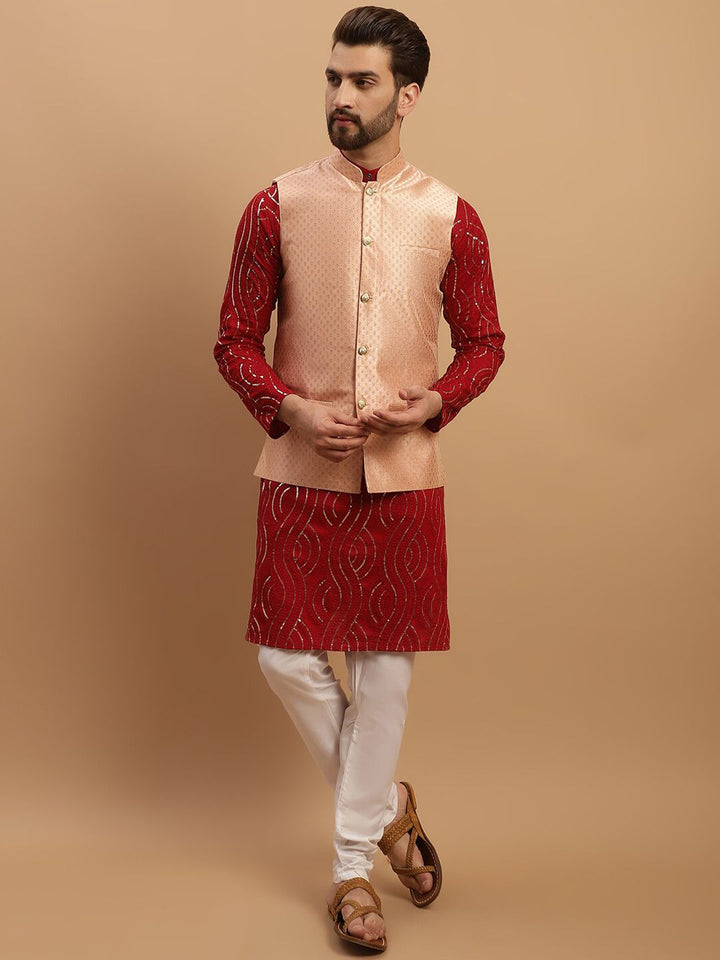 SOJANYA Embroidered Sequinned Pure Cotton Kurta with Churidar & Woven Design Nehru Jacket
