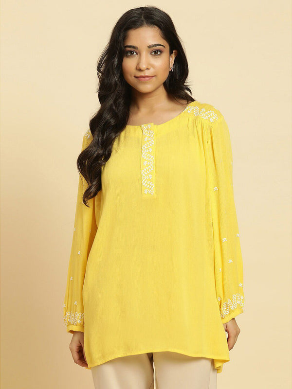 W Embroidered Puff Sleeve Round Neck Long Sleeves Top