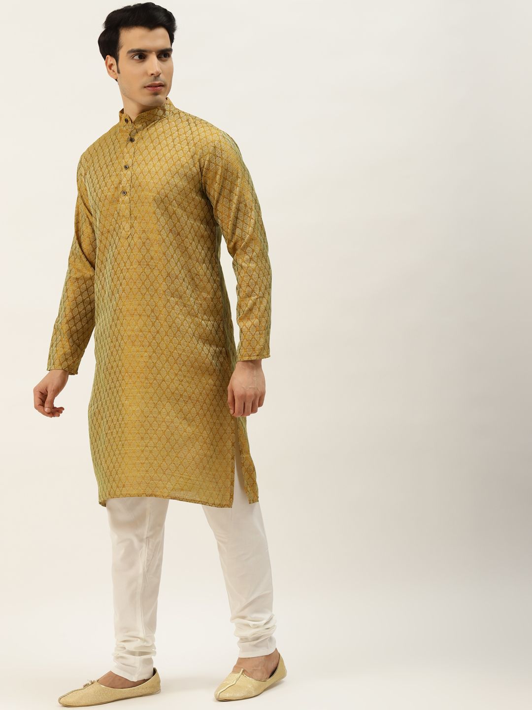 SOJANYA Lelaki Olive Brown & Green Jacquard Ethnic Motifs Straight Kurta with Churidar